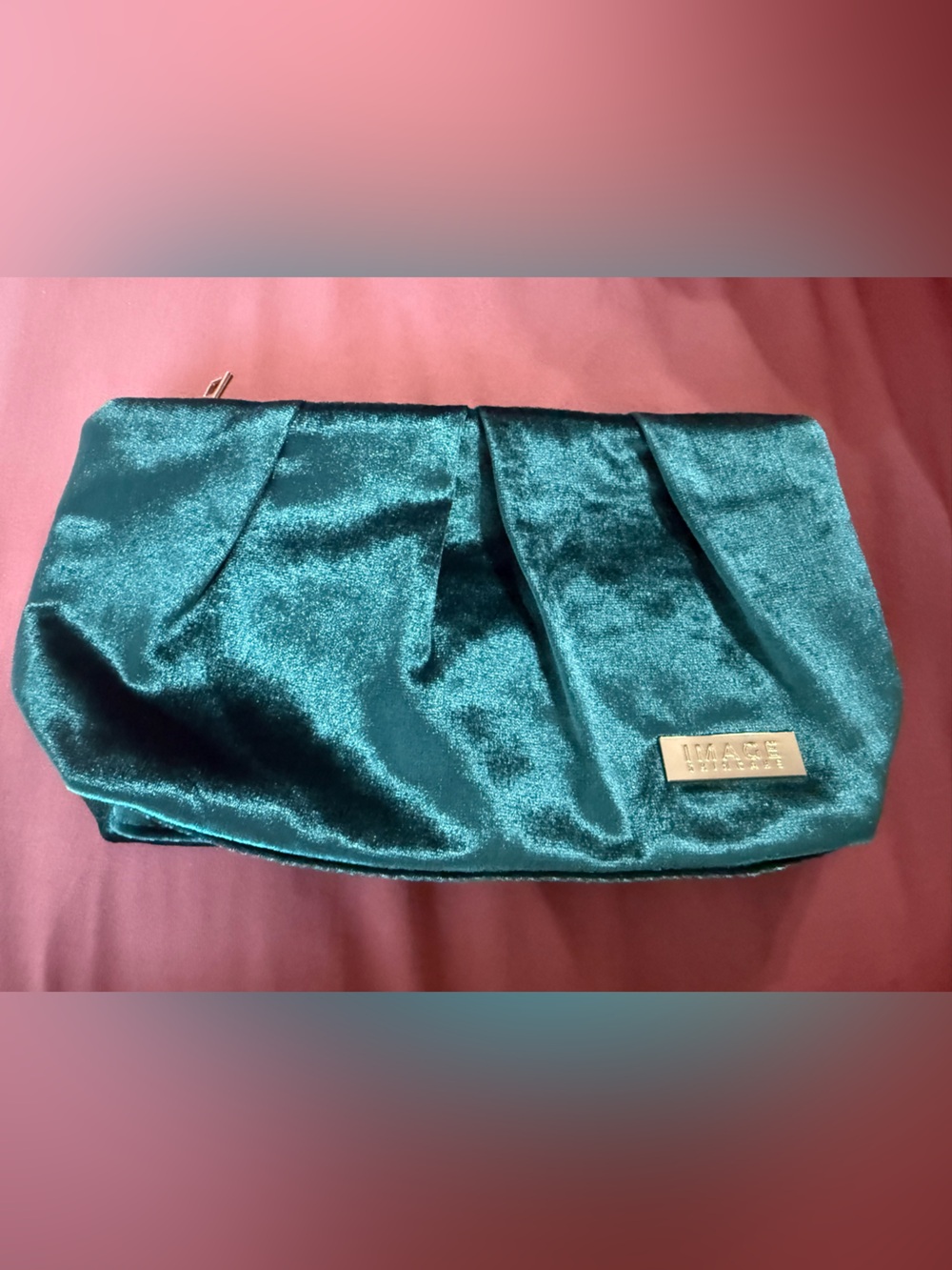 Emerald Green Velvet Cosmetic Pouch with Image Skincare Gold Logo Plate